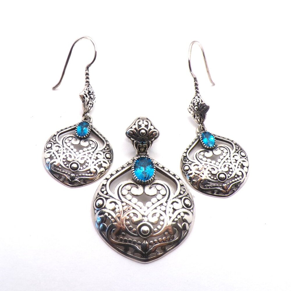 Beria 925 Sterling Silver Ornate Blue Crystal Earrings and Pendant Set